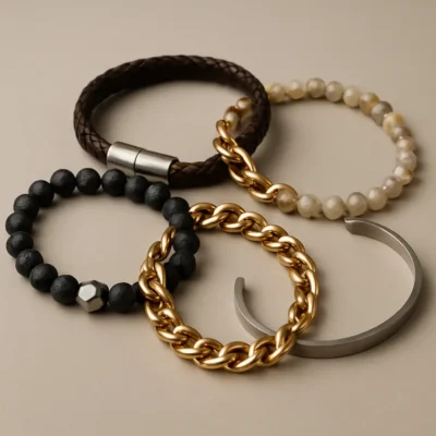 Conjunto de pulseiras em diferentes estilos e cores em fundo neutro.