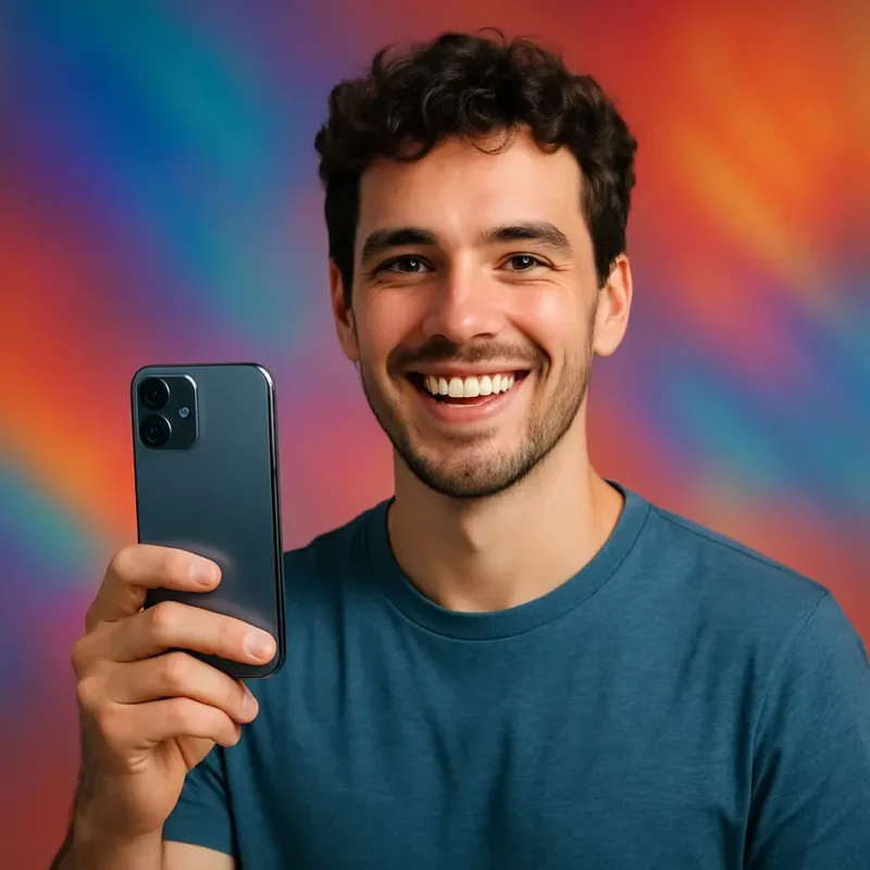 Jovem adulto feliz segurando um smartphone moderno com fundo colorido. Melhor Celular até 2000 reais 2025