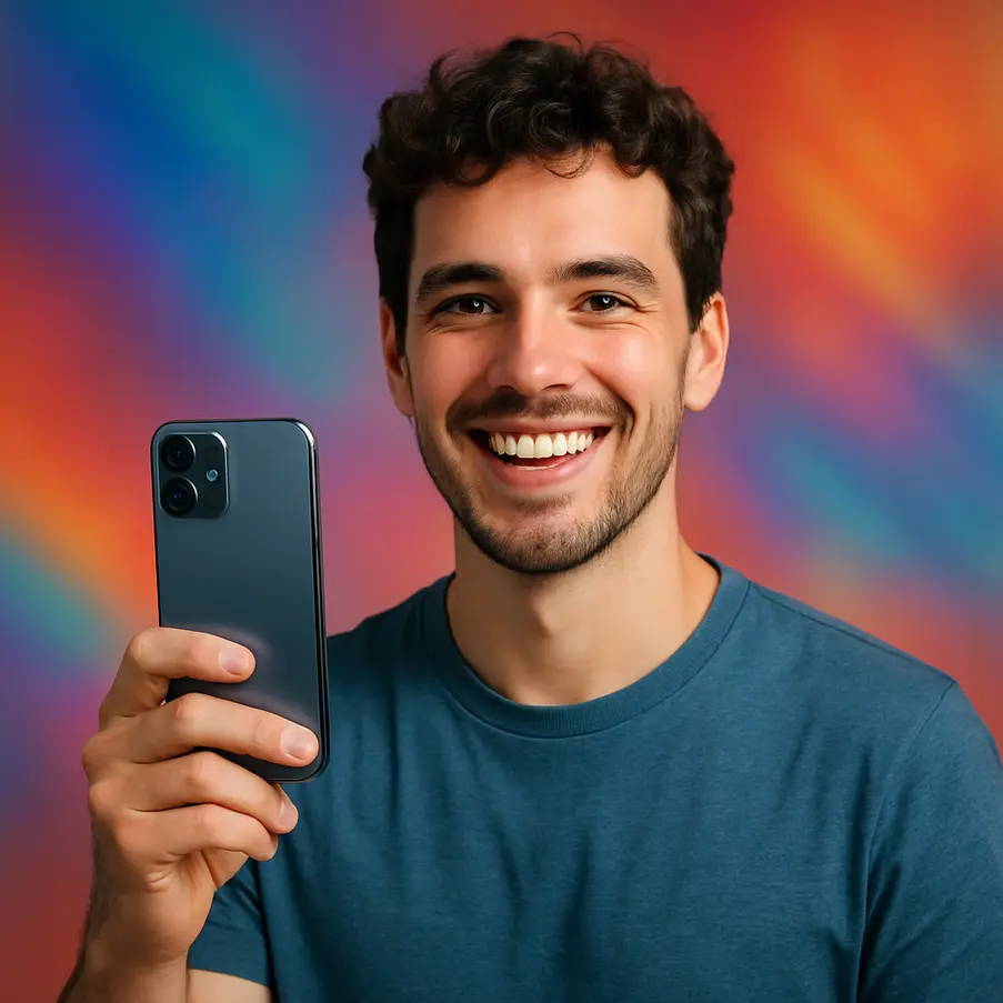 Jovem adulto feliz segurando um smartphone moderno com fundo colorido. Melhor Celular até 2000 reais 2025