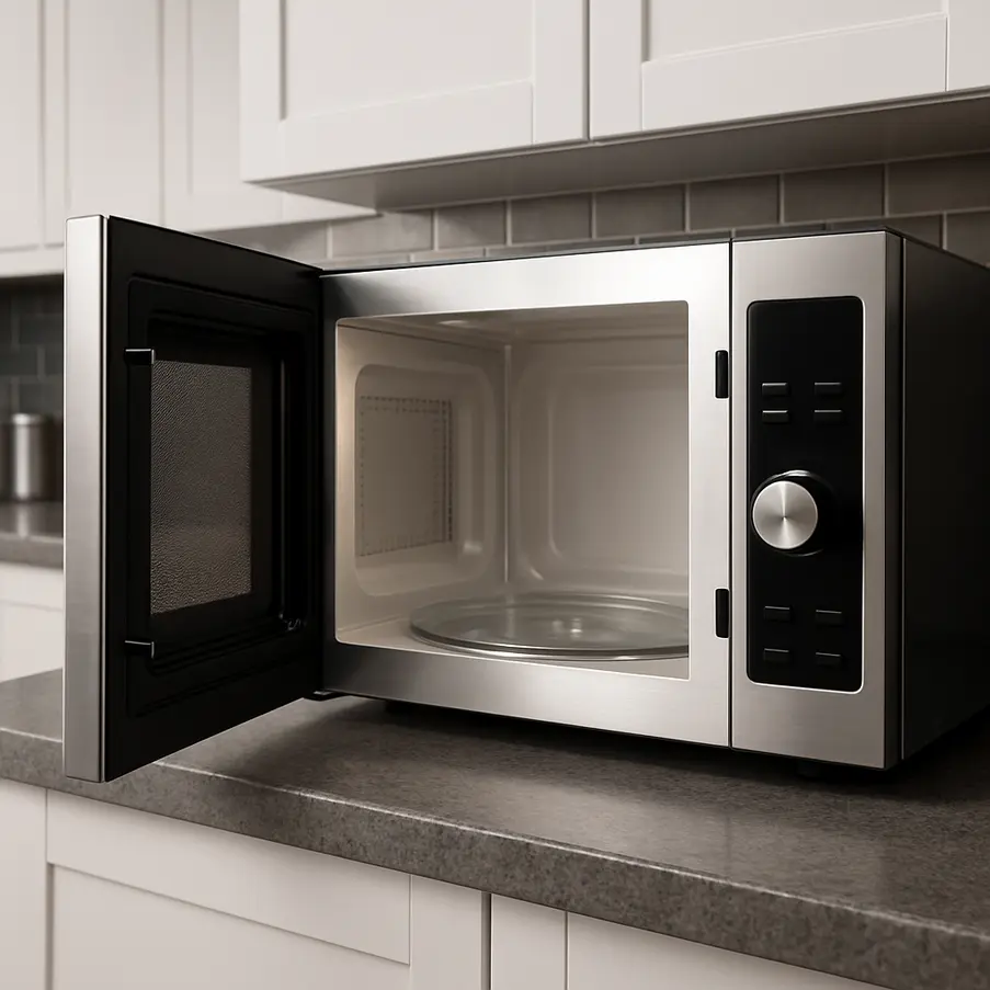 Micro-ondas em cozinha moderna, destacando elegância e funcionalidade.