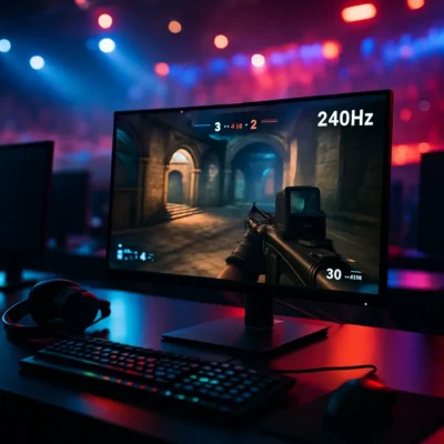Cena emocionante de eSports com monitor 240hz proeminente mostrando evento competitivo. Monitor Gamer
