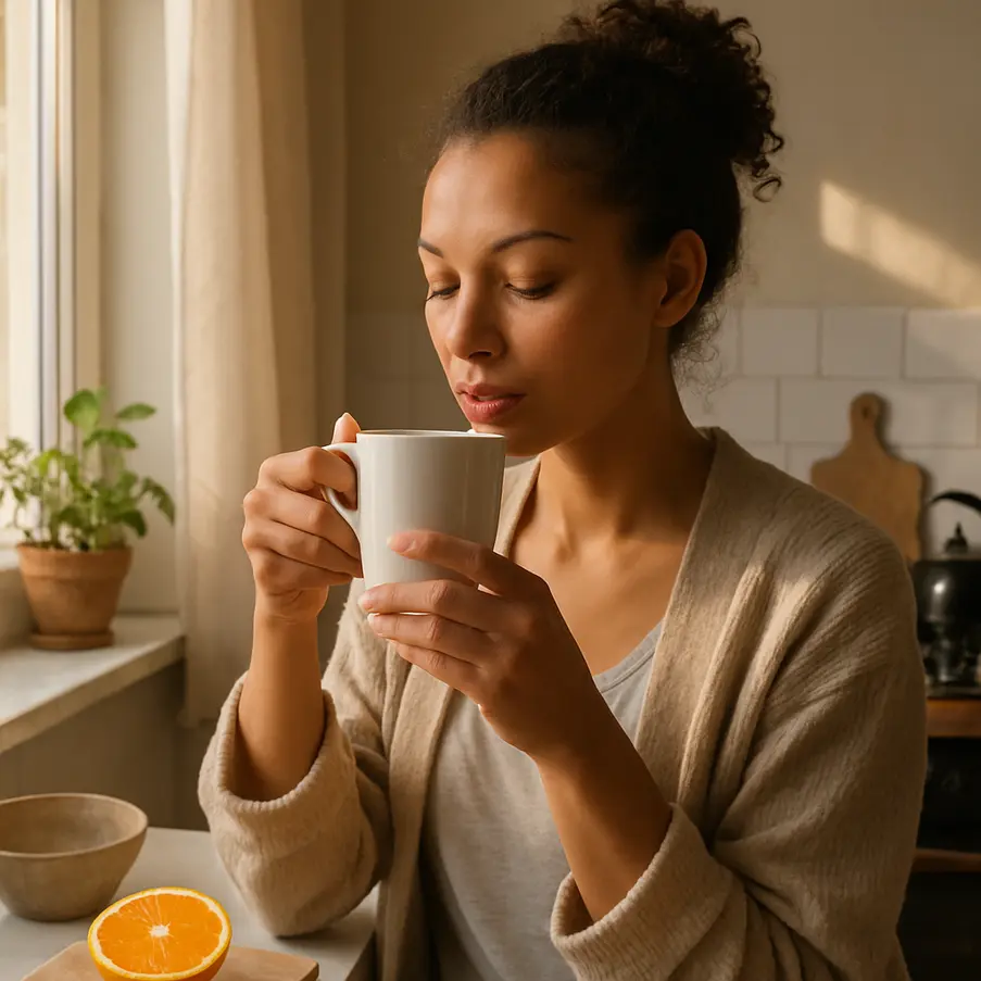 Pessoa desfrutando de uma xícara de chá em uma cozinha iluminada pelo sol. Autocuidado Rotina matinal 10 minutos