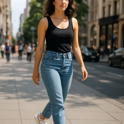 Mulher caminhando em cidade usando tênis Nike feminino em um dia ensolarado.