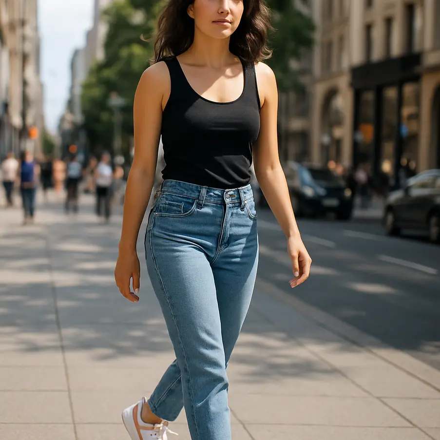 Mulher caminhando em cidade usando tênis Nike feminino em um dia ensolarado.