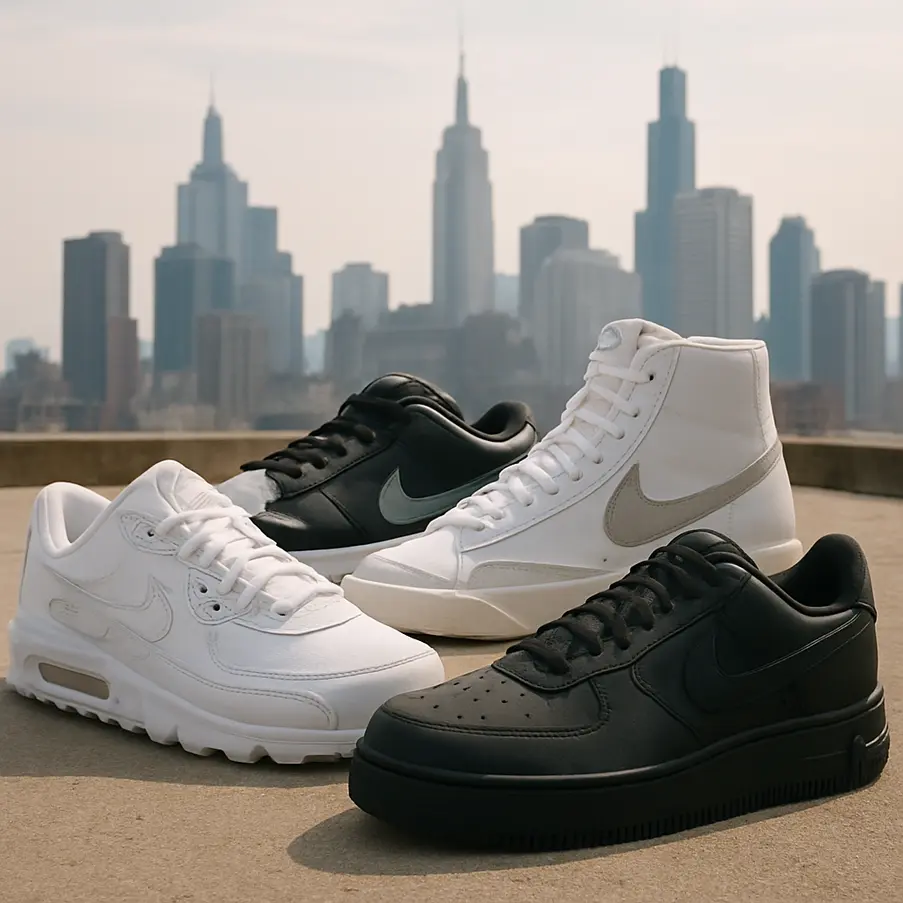 Uma coleção de tênis Nike dispostos artisticamente contra um fundo de cidade, representando o estilo urbano.
