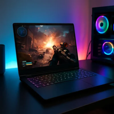 Um notebook gamer com luzes RGB em uma mesa moderna. Notebook Gamer 8GB RAM SSD 256GB
