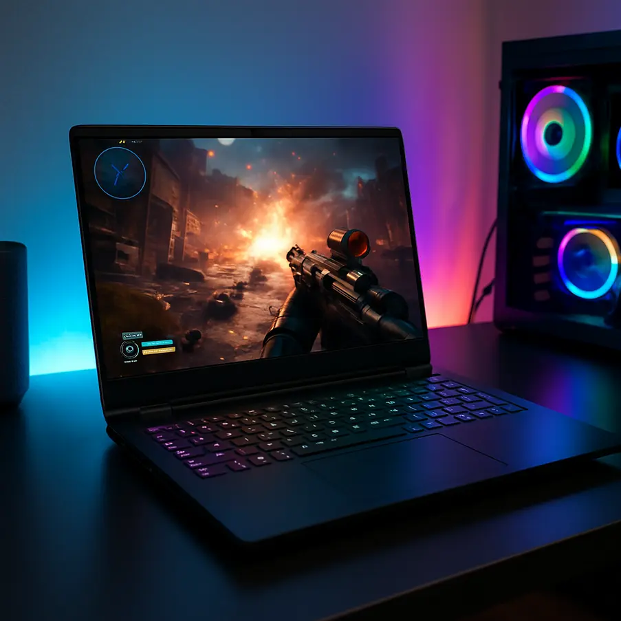 Um notebook gamer com luzes RGB em uma mesa moderna. Notebook Gamer 8GB RAM SSD 256GB