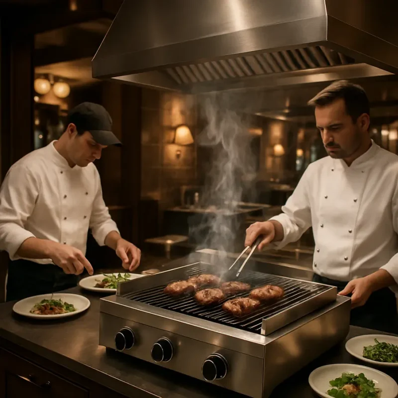 Cozinha de restaurante com grill premium e chefs preparando pratos. Grill Melhor Marca