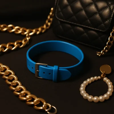 Pulseira Azul em exibição com iluminação elegante.