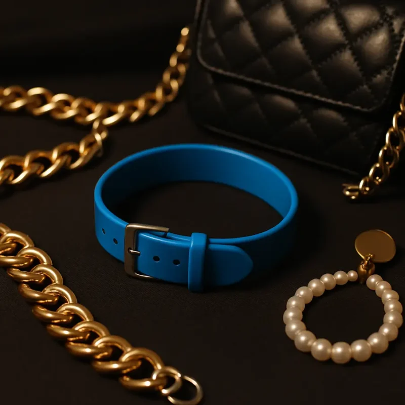 Pulseira Azul em exibição com iluminação elegante.
