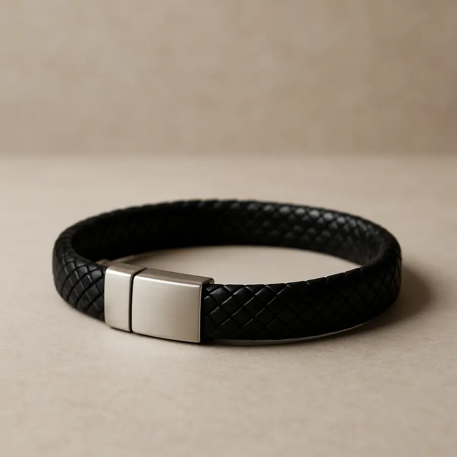 Uma pulseira preta sobre um fundo neutro, destacando-se por sua elegância.