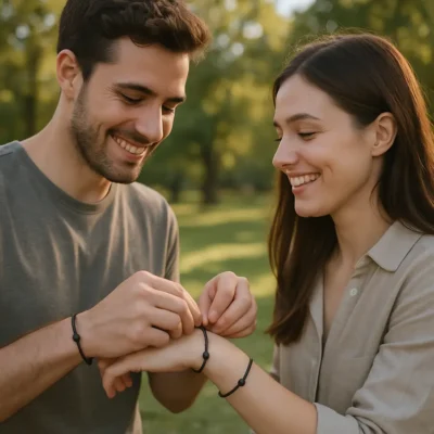 Casal trocando pulseiras de casal, cercado por uma paisagem de parque ensolarado. Pulseira para Casal de Namorados