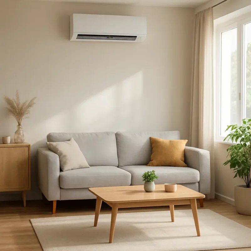 Interior de uma sala com ar condicionado instalado na parede. Onde Comprar Ar Condicionado