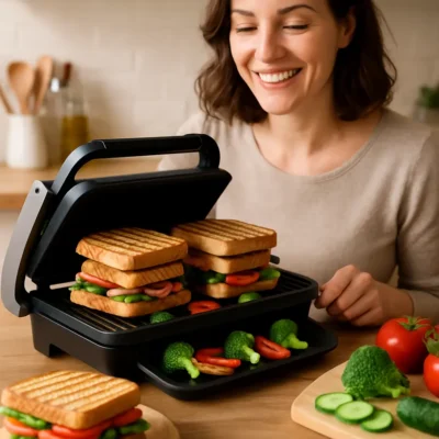 Pessoa usando uma sanduicheira grill moderna com sanduíches e vegetais sendo preparados. Qual a melhor sanduicheira grill