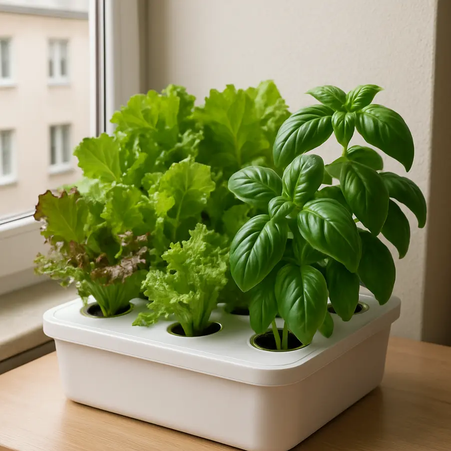 Sistema hidropônico em apartamento com plantas verdes crescendo vigorosamente. Hidroponia Caseira Apartamento