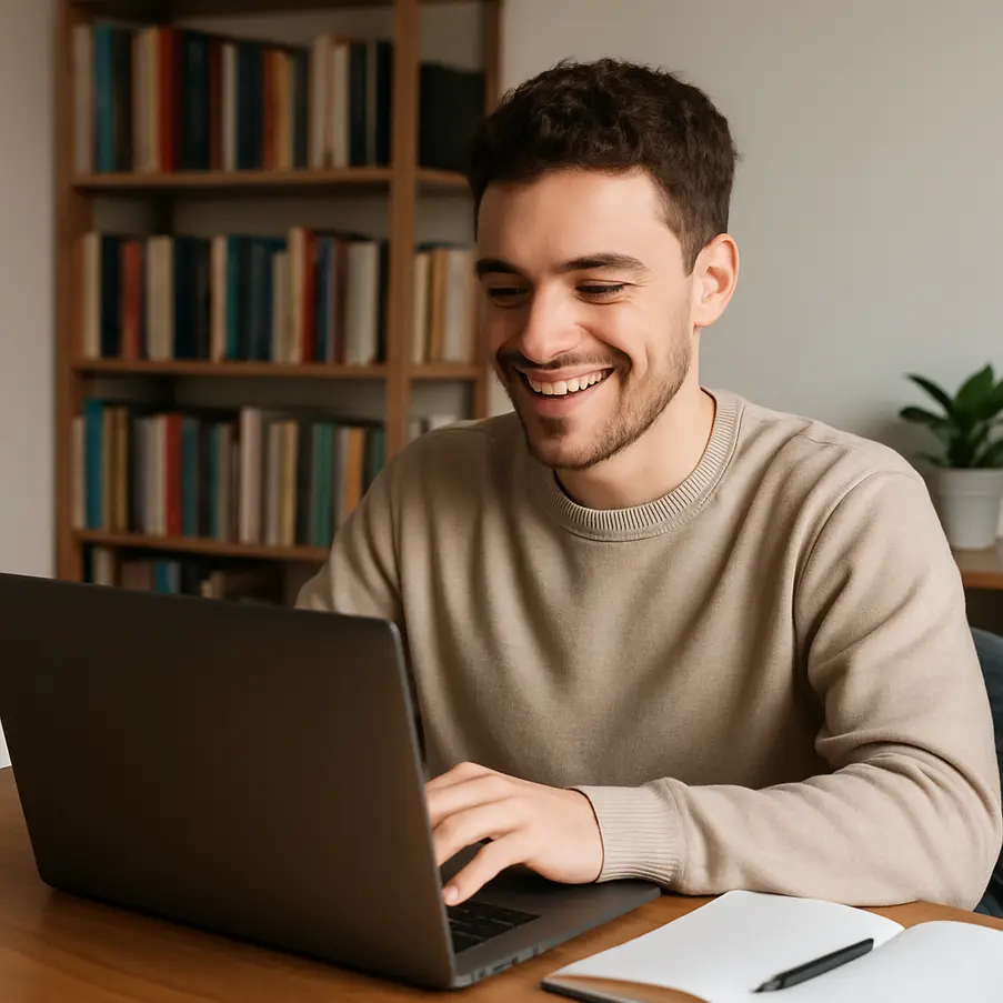 Estudante interagindo com um notebook em um ambiente de estudos organizado.