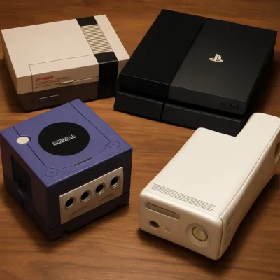 Montagem artística de consoles de videogame modernos e clássicos em diversos estilos de jogos. Melhores Consoles de Videogame