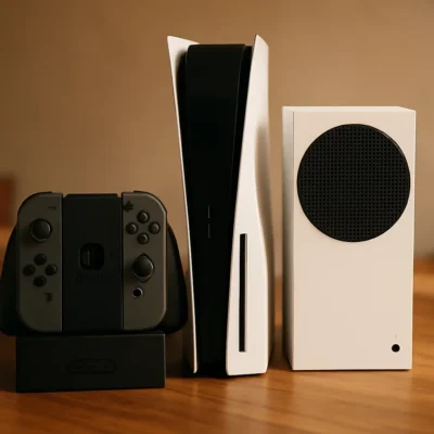 Três consoles de videogame dispostos próximos em uma mesa, prontos para serem escolhidos.