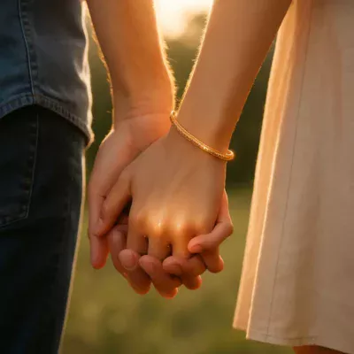 Casal de mãos dadas usando pulseiras combinando em um cenário ao pôr-do-sol.