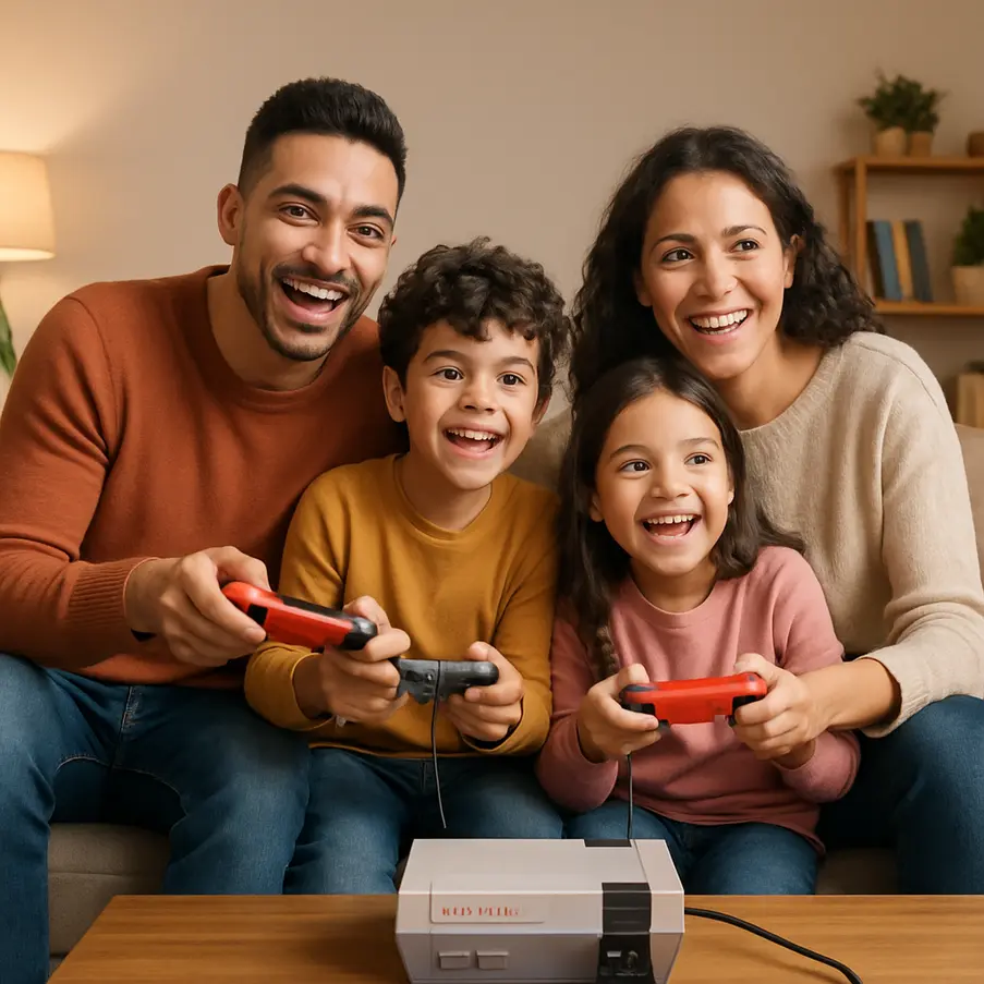 Família reunida jogando com um console Nintendo, simbolizando diversão e união.