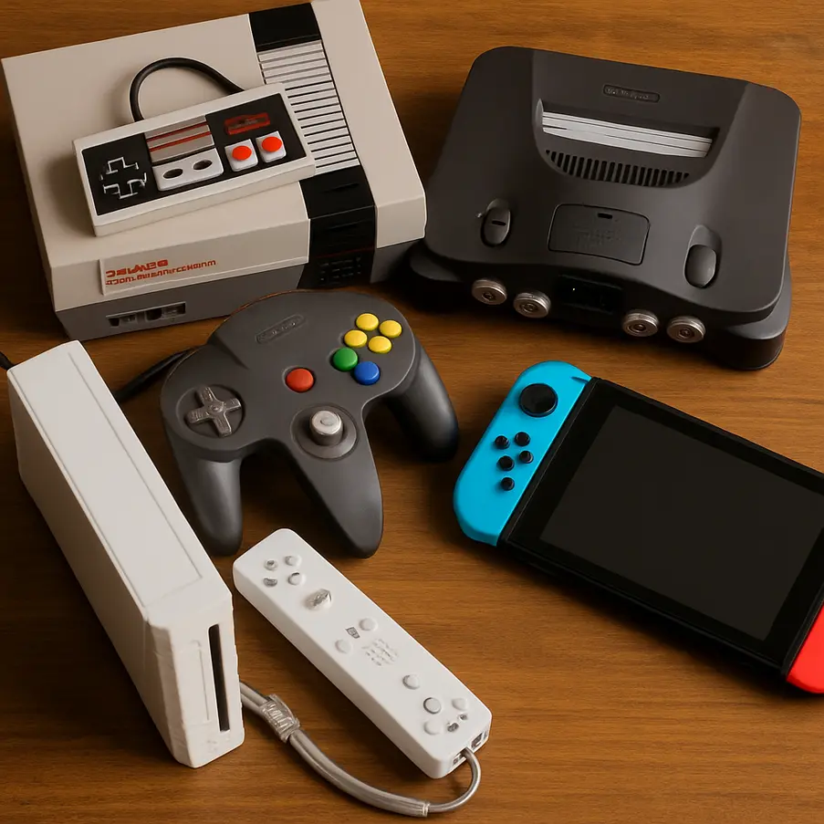 Colagem de consoles Nintendo incluindo NES, N64, Wii e Switch.