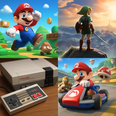 Várias cenas de jogos da Nintendo dispostas em um collage colorido e nostálgico.