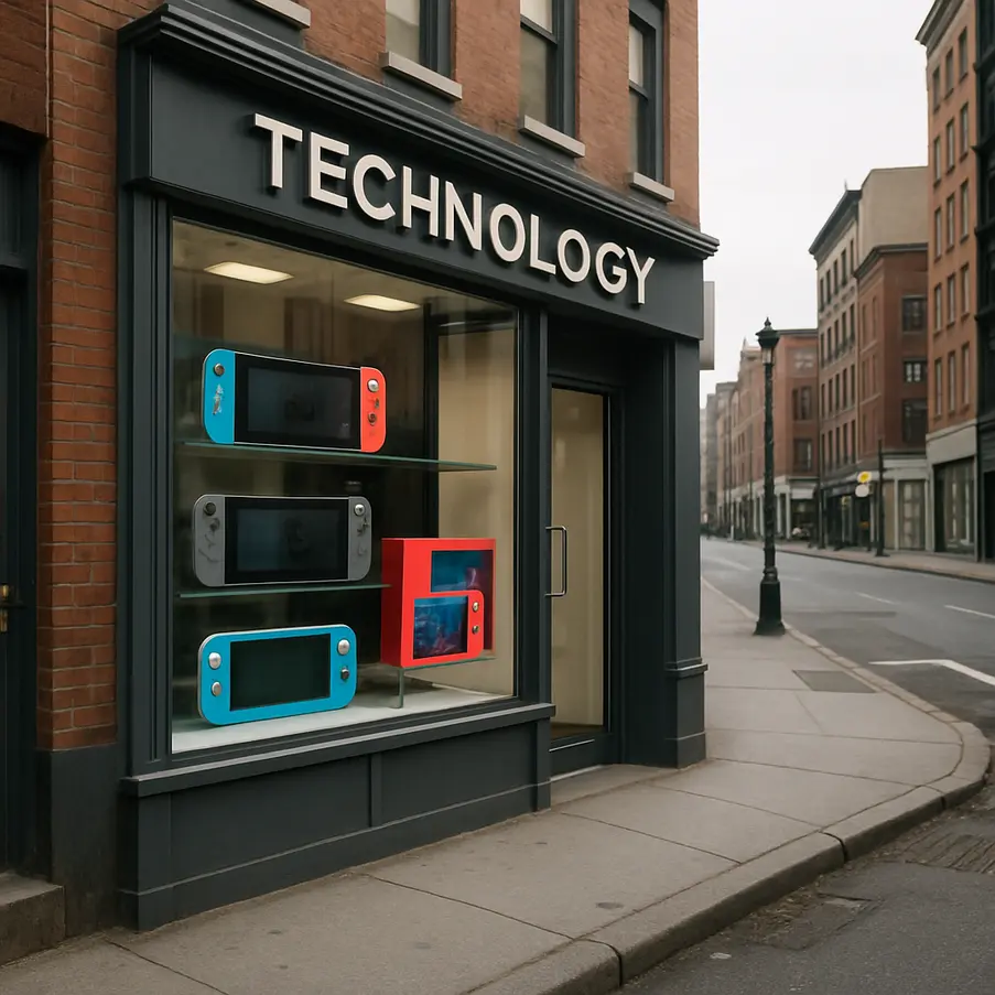 Vitrine de loja de tecnologia exibindo consoles Nintendo.
